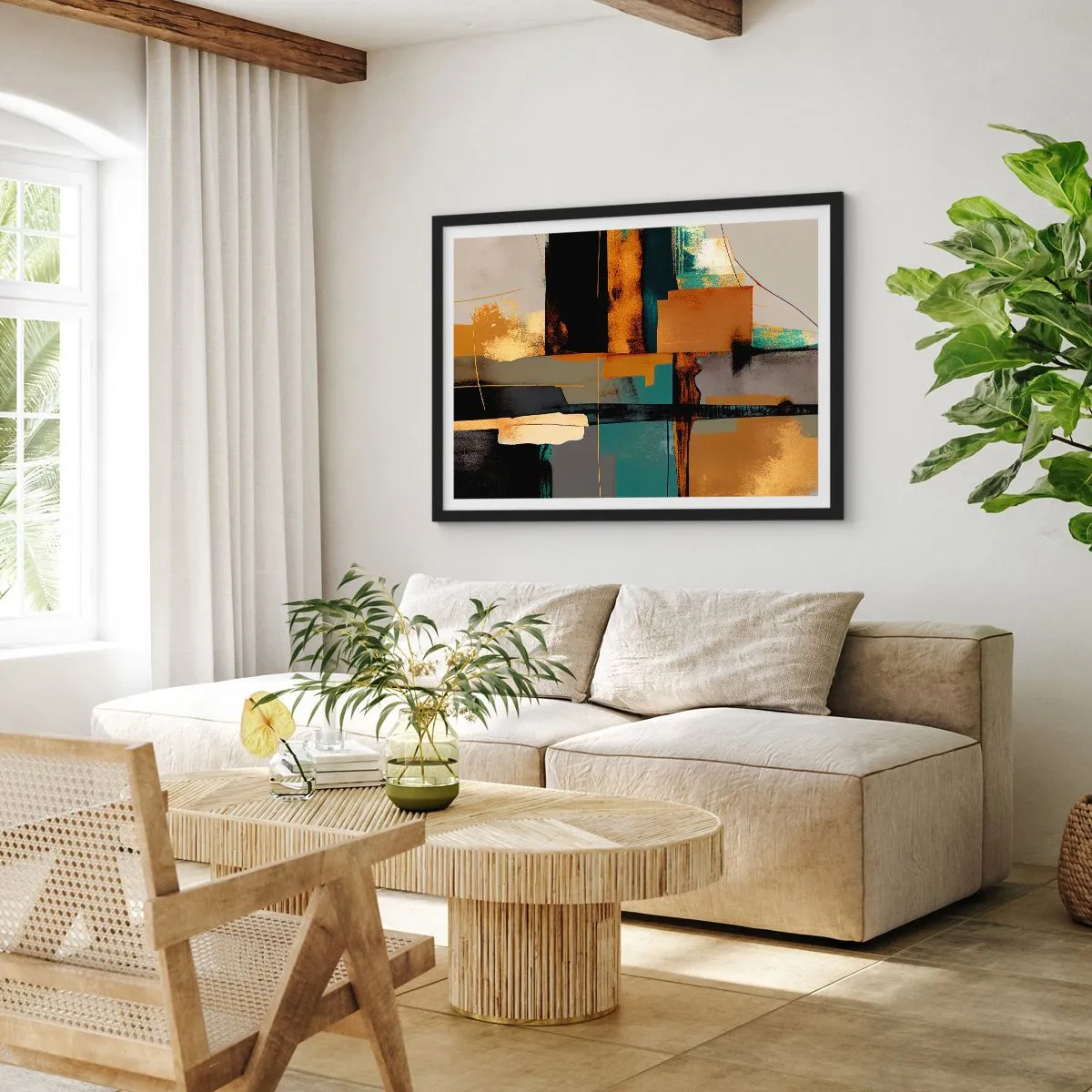 Plakat w czarnej ramie - Abstrakcyjna kompozycja z elementami złota i turkusu - 100x70cm - Abstrakcja – światło i cień - Nowoczesna dekoracja ścienna do salonu i sypialni ARTTOR