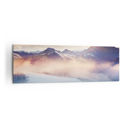 Obraz na płótnie - Zaśnieżone góry o świcie z kolorowym niebem - 160x50cm - Siła i czystość natury - Nowoczesna dekoracja ścienna do salonu i sypialni ARTTOR