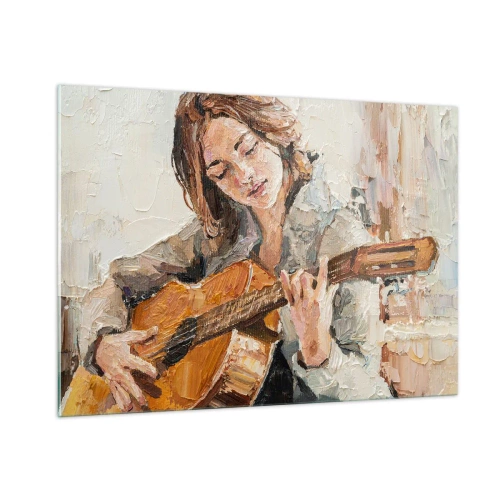 Obraz na szkle - Dziewczyna grająca na gitarze w impresjonistycznym stylu - 100x70cm - Koncert na gitarę i dziewczęce serce - Nowoczesna dekoracja ścienna do salonu, kuchni i sypialni ARTTOR