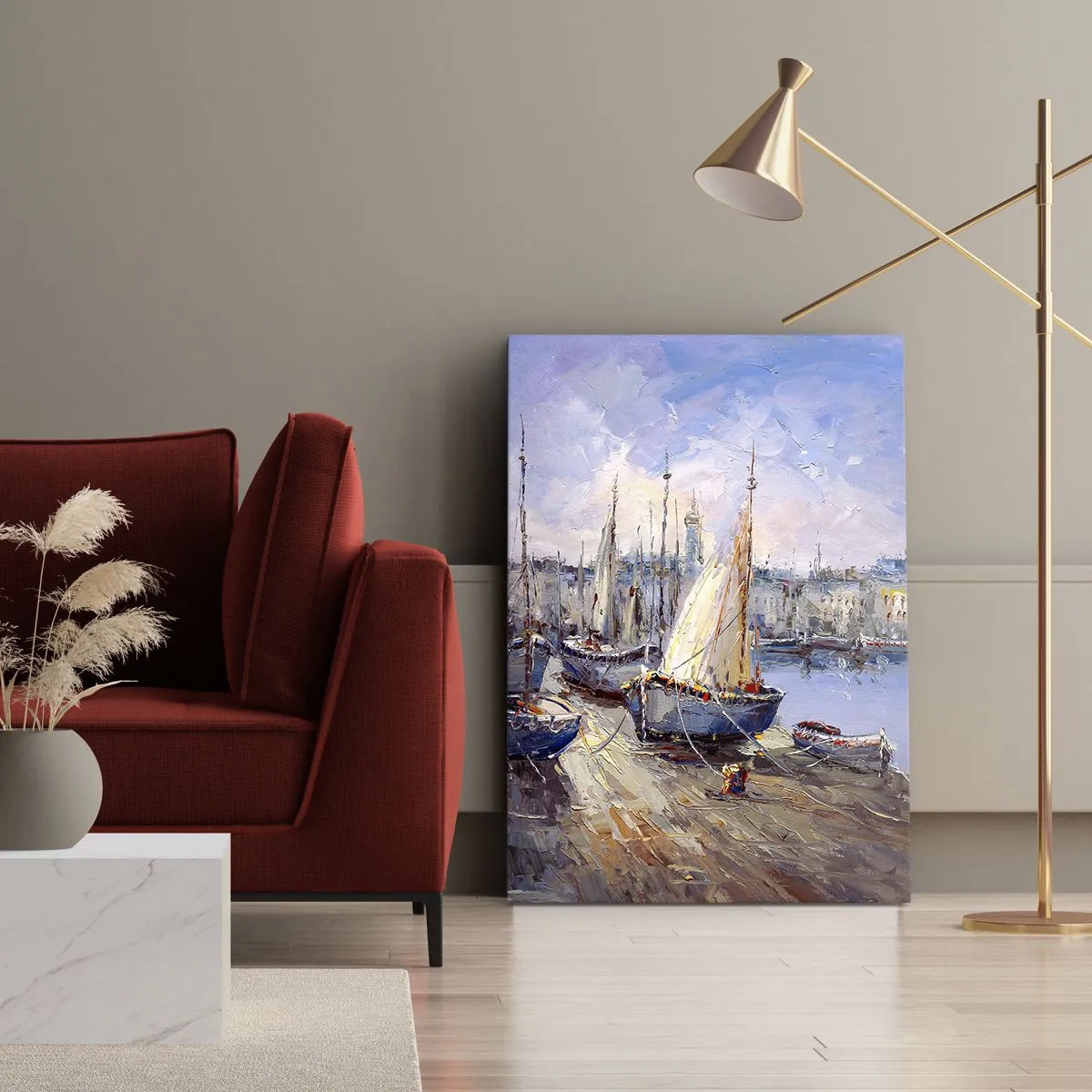 Obraz na płótnie - Impresjonistyczny obraz portu z żaglówkami na tle błękitnego nieba - 50x70cm - Miasto nad zatoką - Nowoczesna dekoracja ścienna do salonu, kuchni i sypialni ARTTOR