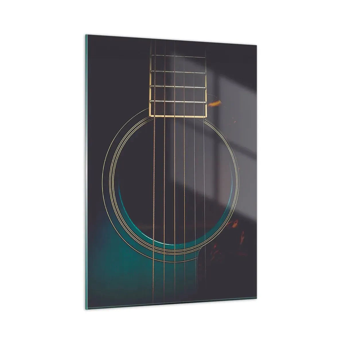 Obraz na szkle - Czarna gitara akustyczna w zbliżeniu z detalami strun - 50x70cm - Chwila zanim zabrzmi - Nowoczesna dekoracja ścienna do salonu, kuchni i sypialni ARTTOR