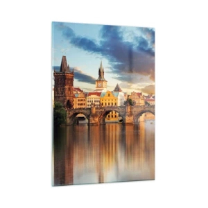 Obraz na szkle - Most Karola o zachodzie słońca z malowniczymi budowlami w tle - 50x70cm - Piękna od wieków - Nowoczesna dekoracja ścienna do salonu, kuchni i sypialni ARTTOR