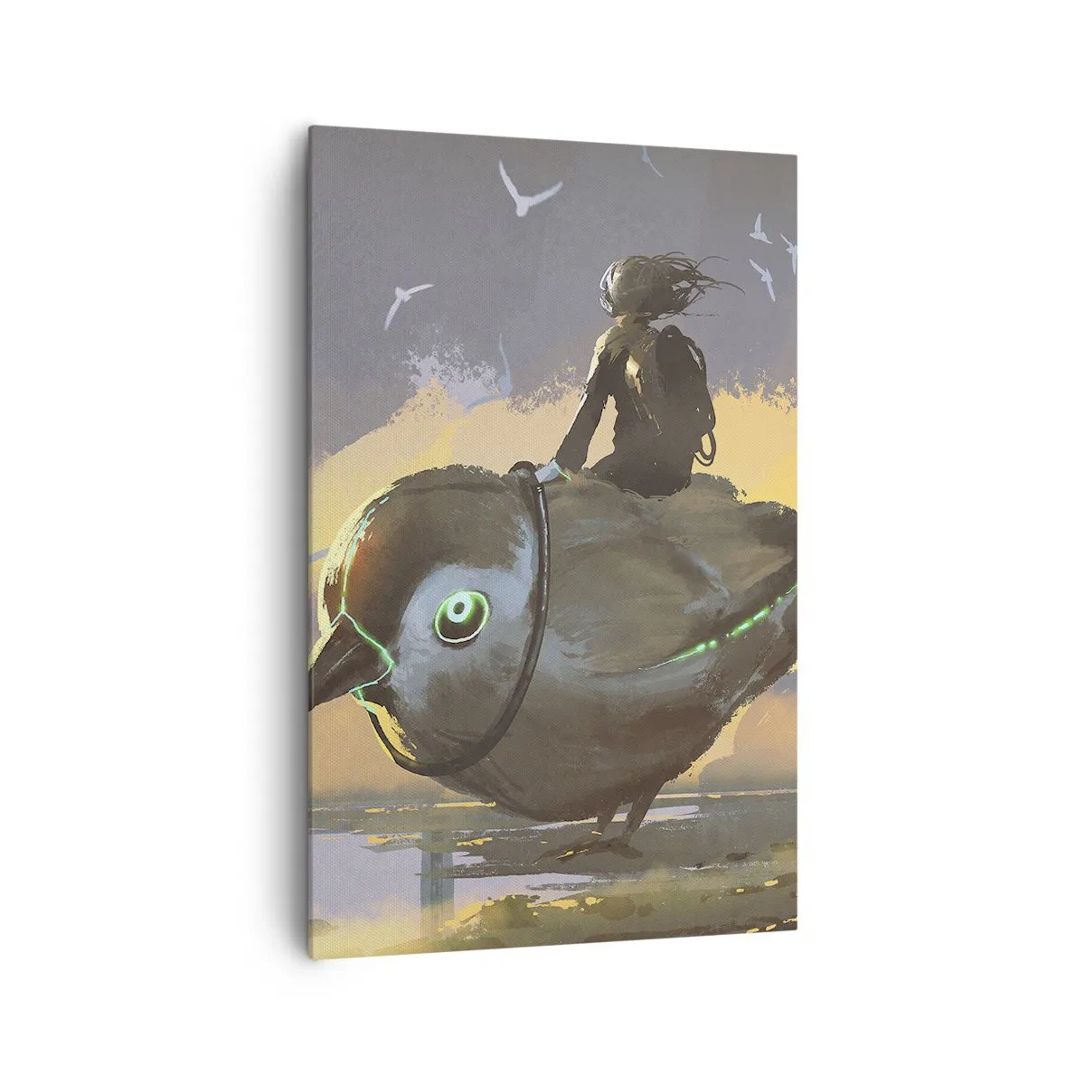 Obraz na płótnie - Jeździec na gigantycznym ptaku w surrealistycznym krajobrazie - 80x120cm - Przystanek w fantastycznej podróźy - Nowoczesna dekoracja ścienna do salonu i sypialni ARTTOR