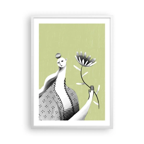 Plakat w białej ramie - Portret modernistyczny – trzymająca kwiat - 50x70 cm