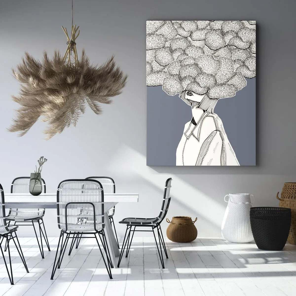 Obraz na płótnie - Grafika kobiety z głową ukrytą w chmurach na niebieskim tle - 50x70cm - Z głową w chmurach - Nowoczesna dekoracja ścienna do salonu, kuchni i sypialni ARTTOR