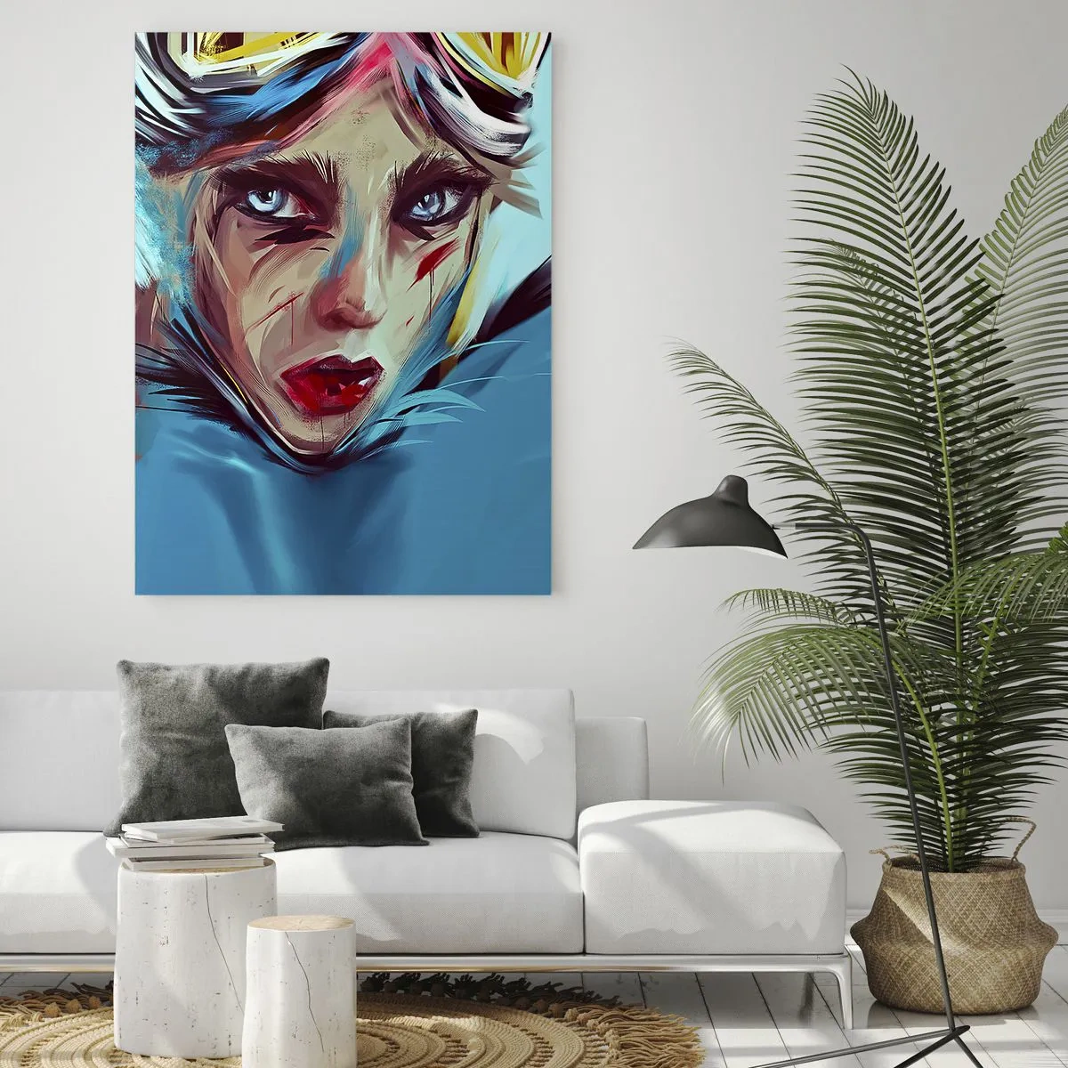 Obraz na szkle - Portret kobiety w goglach i niebieskich pociągnięciach pędzla - 50x70cm - Wojowniczka szos - Nowoczesna dekoracja ścienna do salonu, kuchni i sypialni ARTTOR