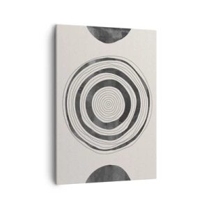 Obraz na płótnie - Minimalistyczna kompozycja czarno-białych koncentrycznych okręgów - 50x70cm - Ważne to co pomiędzy - Nowoczesna dekoracja ścienna do salonu, kuchni i sypialni ARTTOR