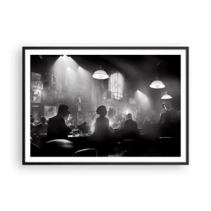 Plakat w czarnej ramie - Czarno-biała scena jazzowego klubu nocnego - 100x70cm - W jazzowym klimacie - Nowoczesna dekoracja ścienna do salonu i sypialni ARTTOR