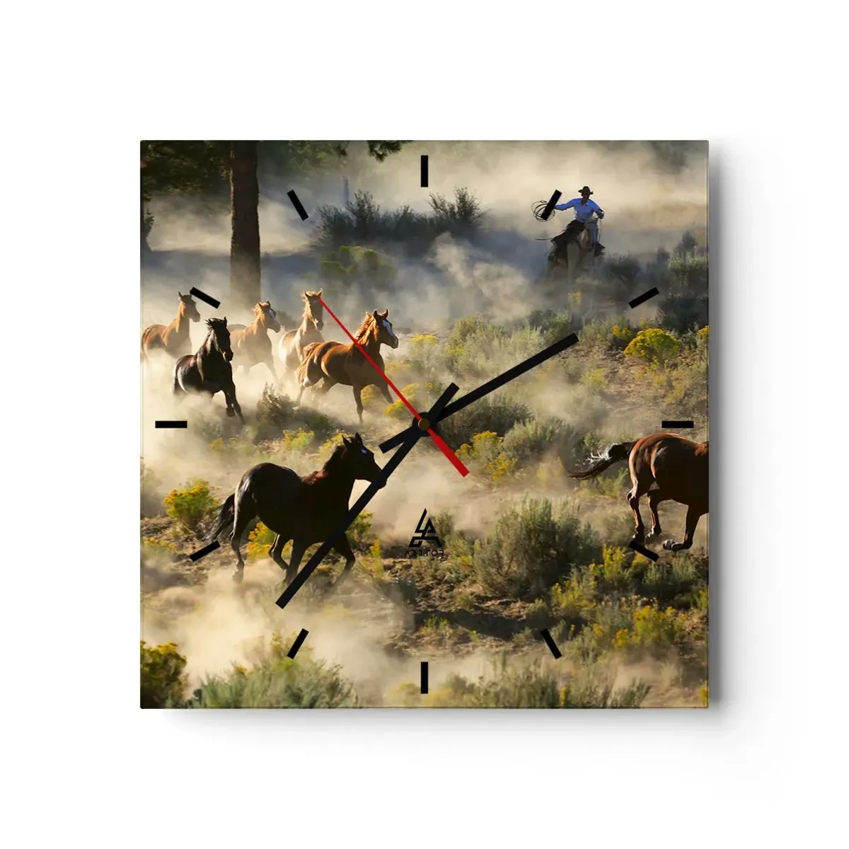 Zegar ścienny - Stado dzikich koni galopujących przez kurz i roślinność - 30x30cm - Rywalizacja - wolność czy męska siła? - Nowoczesna dekoracja ścienna do salonu i sypialni ARTTOR