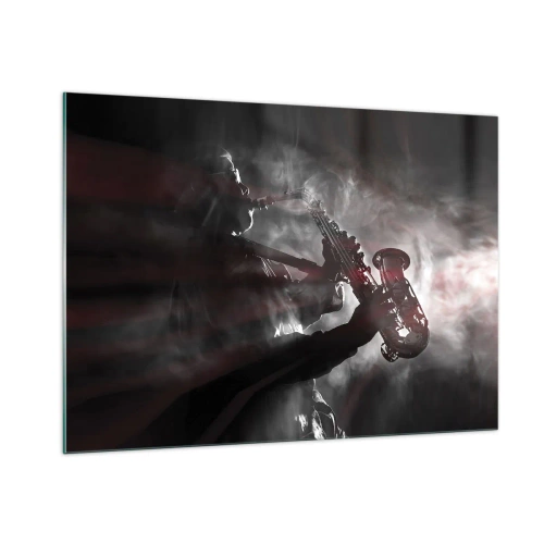 Obraz na szkle - Saksofonista w oparach dymu w czerni i bieli - 100x70cm - W oparach jazzu - Nowoczesna dekoracja ścienna do salonu, kuchni i sypialni ARTTOR