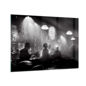 Obraz na szkle - Czarno-biała scena jazzowa w klubowym wnętrzu - 70x50cm - W jazzowym klimacie - Nowoczesna dekoracja ścienna do salonu i sypialni ARTTOR