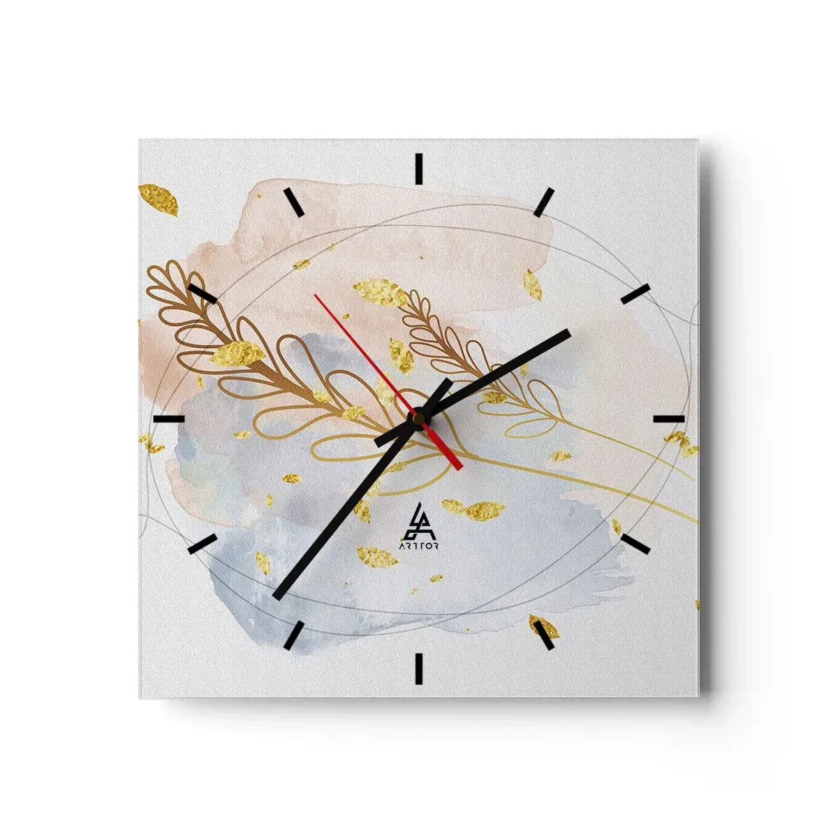 Zegar ścienny - Delikatny motyw liści w złotym kolorze na pastelowym tle z akwarelowymi detalami - 30x30cm - Złoty podmuch - Nowoczesna dekoracja ścienna do salonu i sypialni ARTTOR