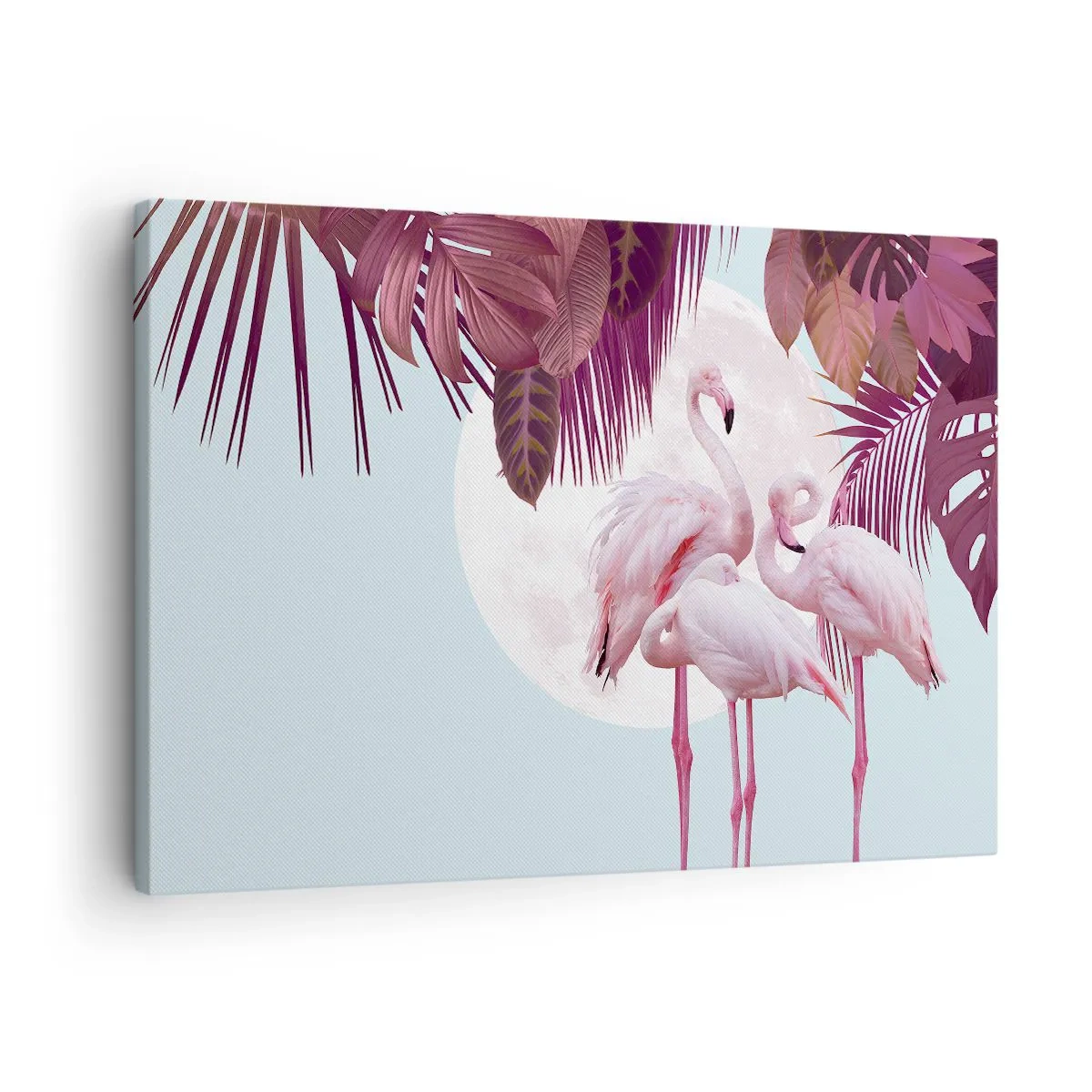 Obraz na płótnie - Różowe flamingi na tle księżyca i tropikalnych liści - 70x50cm - Trzy ptasie gracje - Nowoczesna dekoracja ścienna do salonu i sypialni ARTTOR