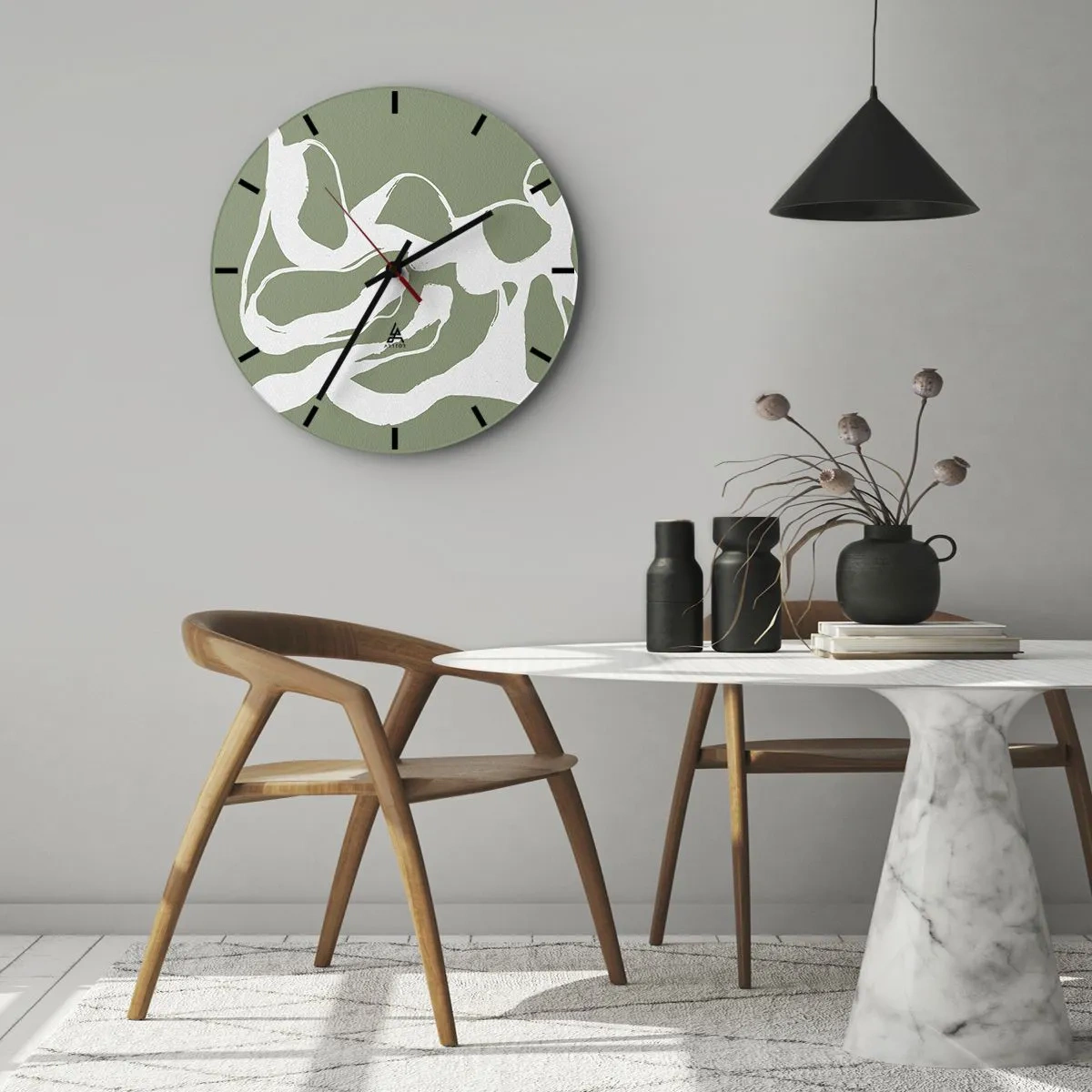 Zegar ścienny - Organiczne białe kształty na oliwkowozielonym tle - 30x30cm - Wołanie przestrzeni - Nowoczesna dekoracja ścienna do salonu, kuchni i sypialni ARTTOR