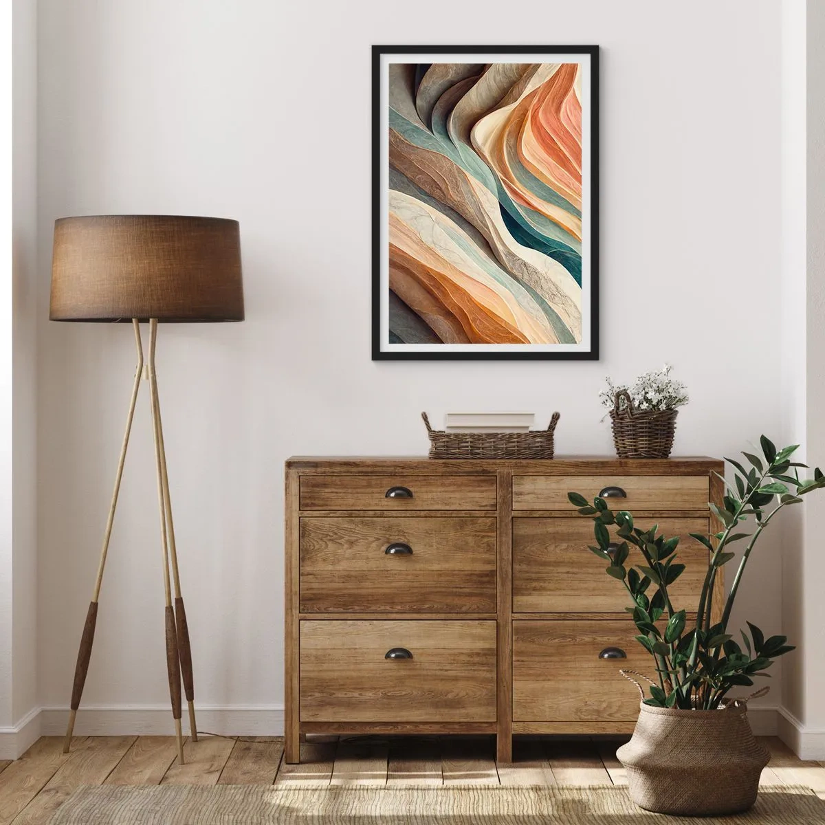 Plakat w czarnej ramie - Organiczne fale w ciepłych, naturalnych odcieniach - 50x70cm - Chwila przed zmianą - Nowoczesna dekoracja ścienna do salonu i sypialni ARTTOR