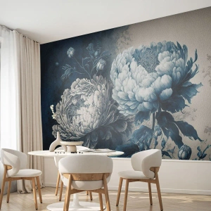 Fototapeta Premium Sand - Kwiaty piwonii w odcieniach niebieskiego i kremowego - 100x70cm - Dobrana para - Nowoczesna dekoracja ścienna do salonu, kuchni i sypialni ARTTOR
