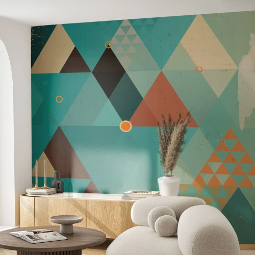 Fototapeta Premium Sand - Geometryczna kompozycja trójkątów w odcieniach beżu i turkusu - 100x70cm - Jedność wielości, wielość jedności - Nowoczesna dekoracja ścienna do salonu, kuchni i sypialni ARTTOR
