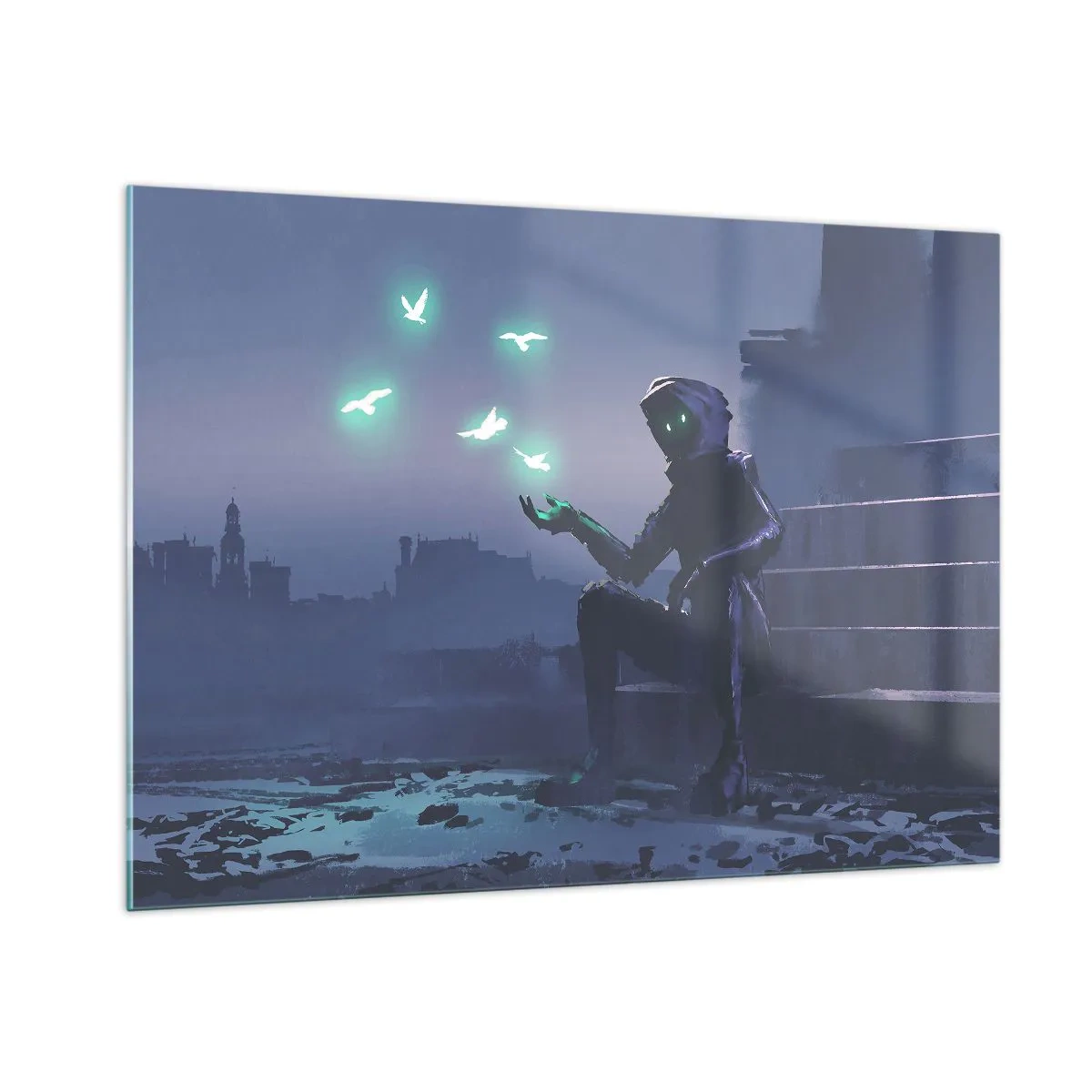 Obraz na szkle - Postać w ciemności otoczona unoszącymi się zielonymi ptakami - 100x70cm - Życie powróci - Nowoczesna dekoracja ścienna do salonu, kuchni i sypialni ARTTOR