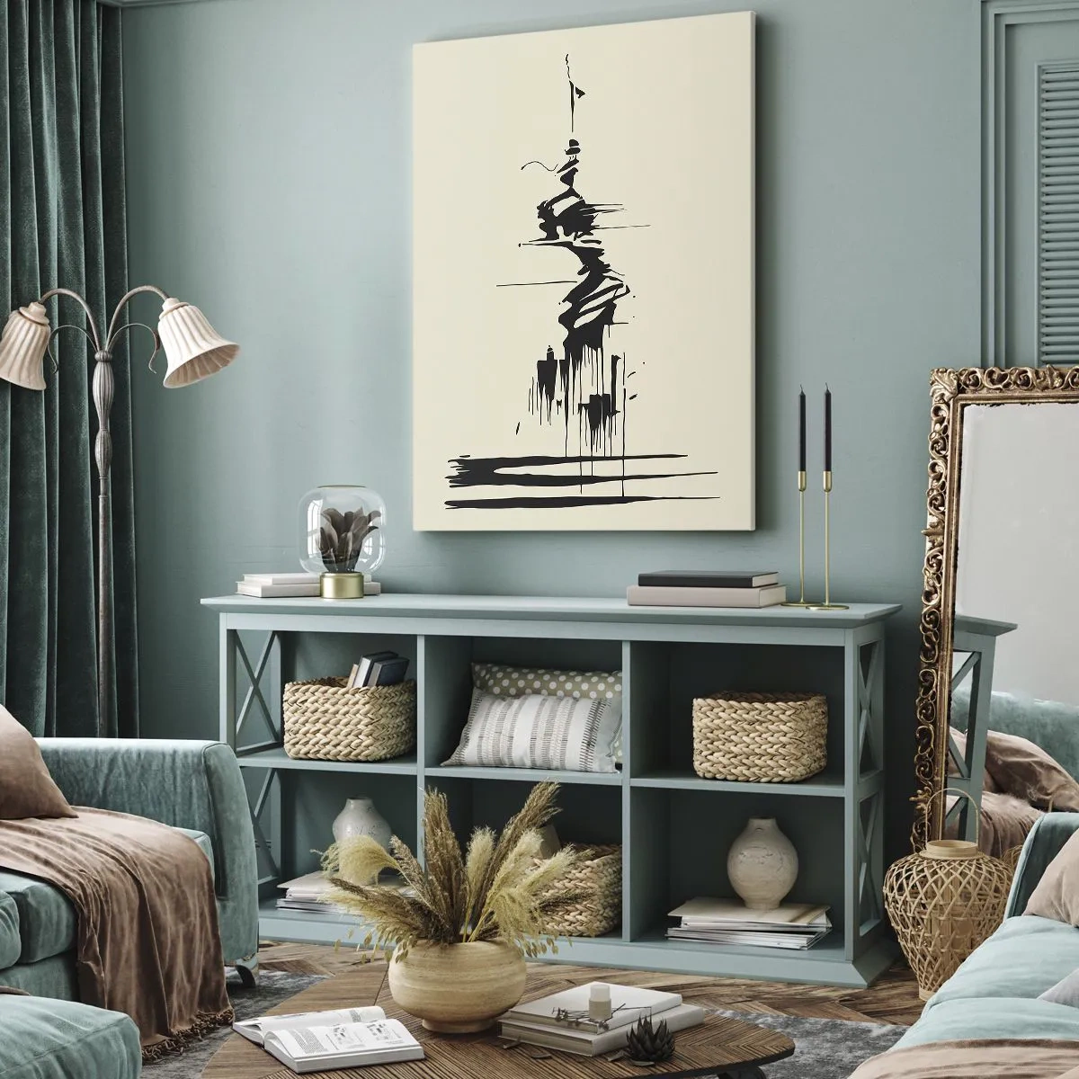 Obraz na płótnie - Minimalistyczna abstrakcja przedstawiająca zarys postaci wspinającej się na szczyt - 50x70cm - Abstrakcja pośpieszna - Nowoczesna dekoracja ścienna do salonu, kuchni i sypialni ARTTOR