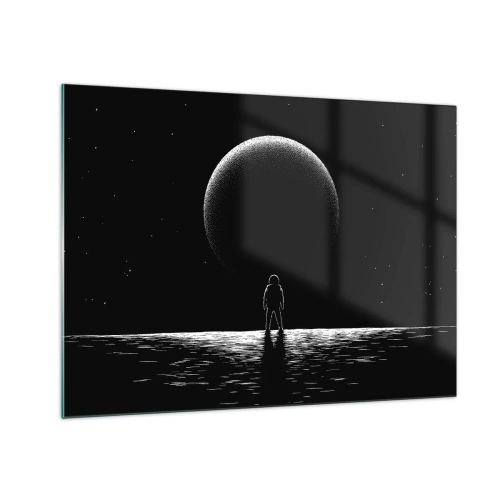 Obraz na szkle - Astronauta stojący naprzeciw planety w czerni i bieli - 70x50cm - Twarzą w twarz - Nowoczesna dekoracja ścienna do salonu i sypialni ARTTOR