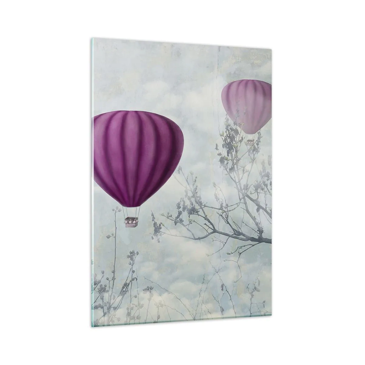 Obraz na szkle - Fioletowe balony unoszące się wśród chmur i gałęzi drzew - 50x70cm - Jak statki na niebie - Nowoczesna dekoracja ścienna do salonu, kuchni i sypialni ARTTOR