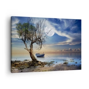 Obraz na płótnie - Samotne drzewo i łódź na spokojnej wodzie pod pełnią księżyca - 70x50cm - To koniec czy początek? - Nowoczesna dekoracja ścienna do salonu i sypialni ARTTOR