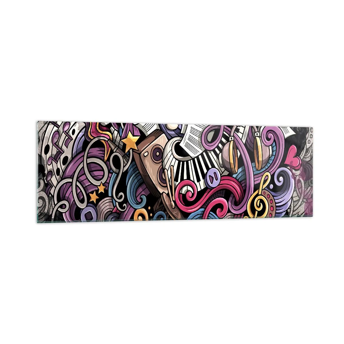 Obraz na szkle - Muzyczna abstrakcja pełna kolorowych instrumentów i nut - 160x50cm - Skomplikowana melodia - Nowoczesna dekoracja ścienna do salonu i sypialni ARTTOR