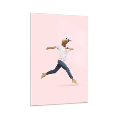 Obraz na szkle - Surrealistyczna postać z głową kaczki w ruchu - 70x100cm - Szczypta absurdu - Nowoczesna dekoracja ścienna do salonu i sypialni ARTTOR
