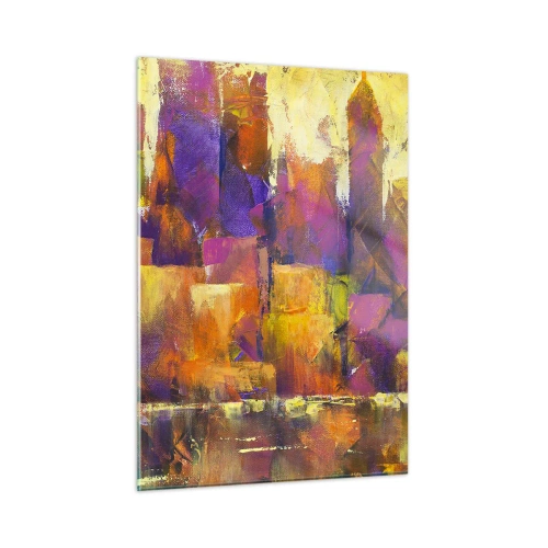 Obraz na szkle - Abstrakcyjna metropolia w ciepłych barwach z akcentami fioletu - 50x70cm - Kompozycja metropolitalna - Nowoczesna dekoracja ścienna do salonu, kuchni i sypialni ARTTOR