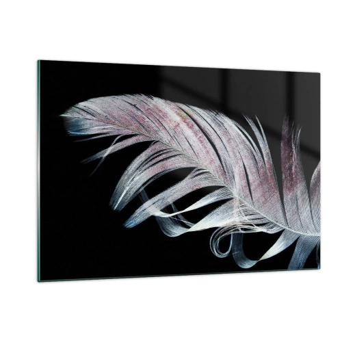 Obraz na szkle - Delikatne pióro na czarnym tle w artystycznym ujęciu - 120x80cm - Pomyśl o dotyku - Nowoczesna dekoracja ścienna do salonu, kuchni i sypialni ARTTOR