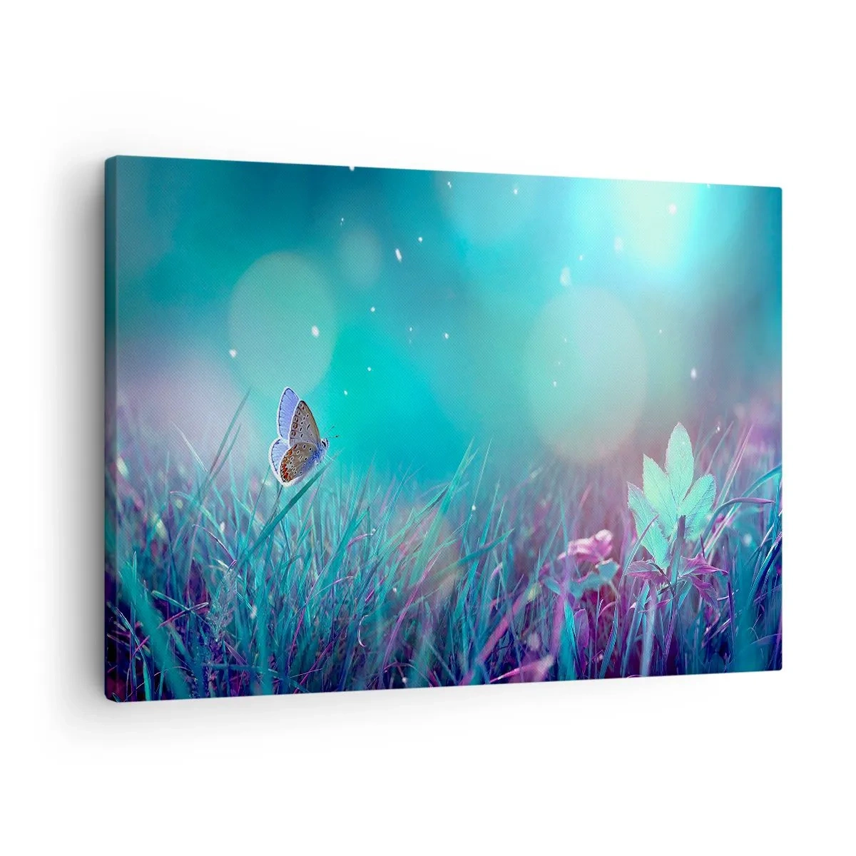 Obraz na płótnie - Motyl na trawie w świetle rozmytych refleksów - 70x50cm - Sekretne życie łąki - Nowoczesna dekoracja ścienna do salonu i sypialni ARTTOR