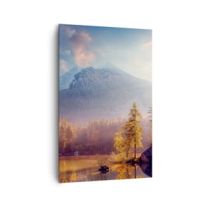 Obraz na płótnie - Malowniczy widok na górski las i jezioro o świcie - 80x120cm - W górach i dolinach - Nowoczesna dekoracja ścienna do salonu i sypialni ARTTOR