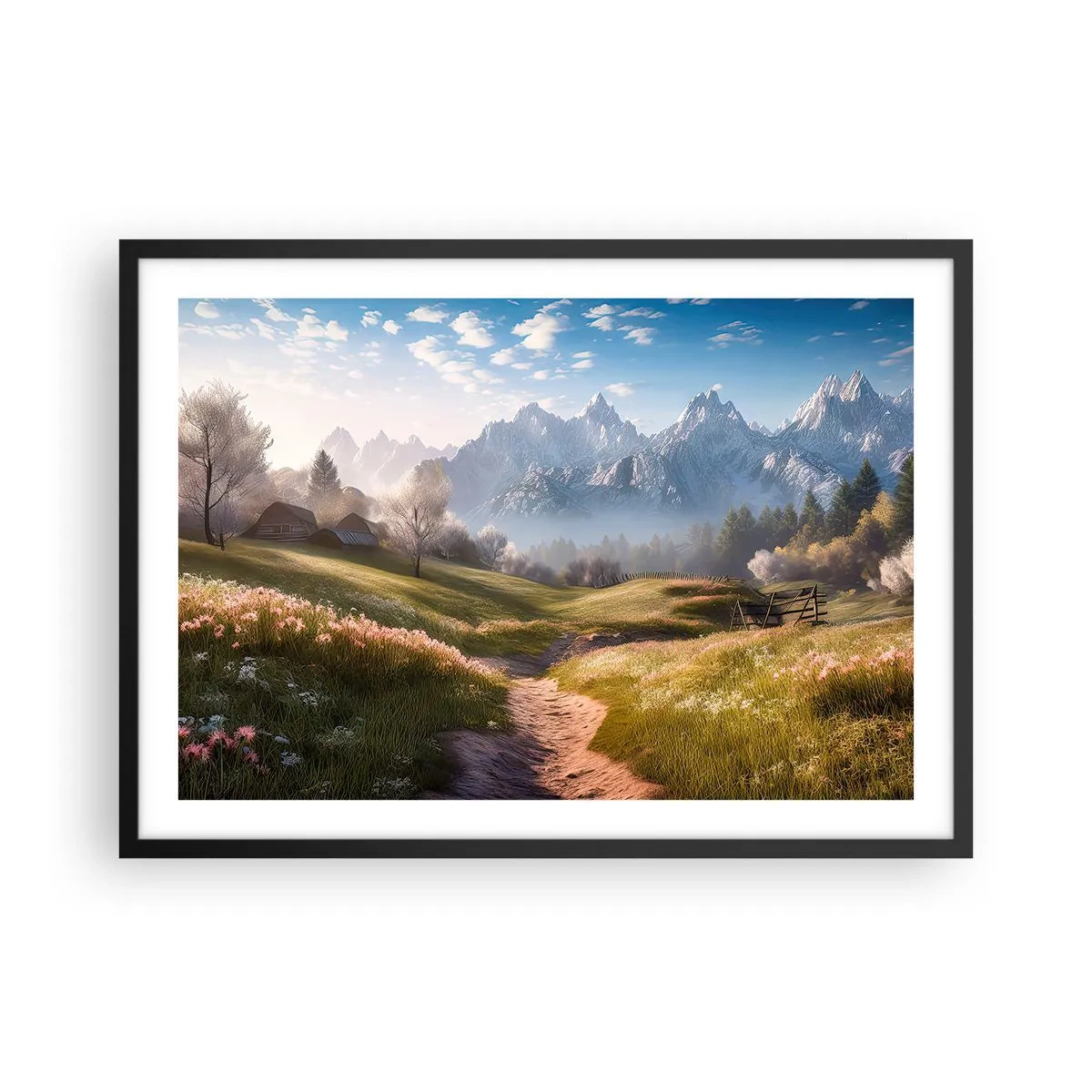 Plakat w czarnej ramie - Górska dolina z łąkami, chatami i widokiem na szczyty - 70x50cm - Sielska dolina - Nowoczesna dekoracja ścienna do salonu i sypialni ARTTOR