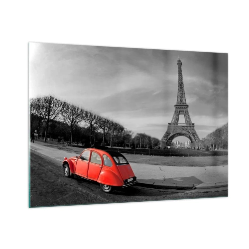 Obraz na szkle - Czerwony samochód na tle Wieży Eiffla w czarno-białej scenerii - 100x70cm - Bardziej paryskie niż sam Paryż - Nowoczesna dekoracja ścienna do salonu, kuchni i sypialni ARTTOR