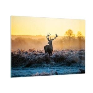 Obraz na szkle - Jeleń w mroźnym poranku na tle wschodu słońca - 100x70cm - Koronowany na swoich włościach - Nowoczesna dekoracja ścienna do salonu, kuchni i sypialni ARTTOR