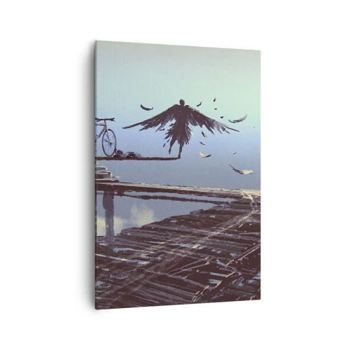 Obraz na płótnie - Postać z piórami unosząca się nad drewnianym pomostem przy rowerze - 70x100cm - Ikar wiecznie żywy - Nowoczesna dekoracja ścienna do salonu i sypialni ARTTOR