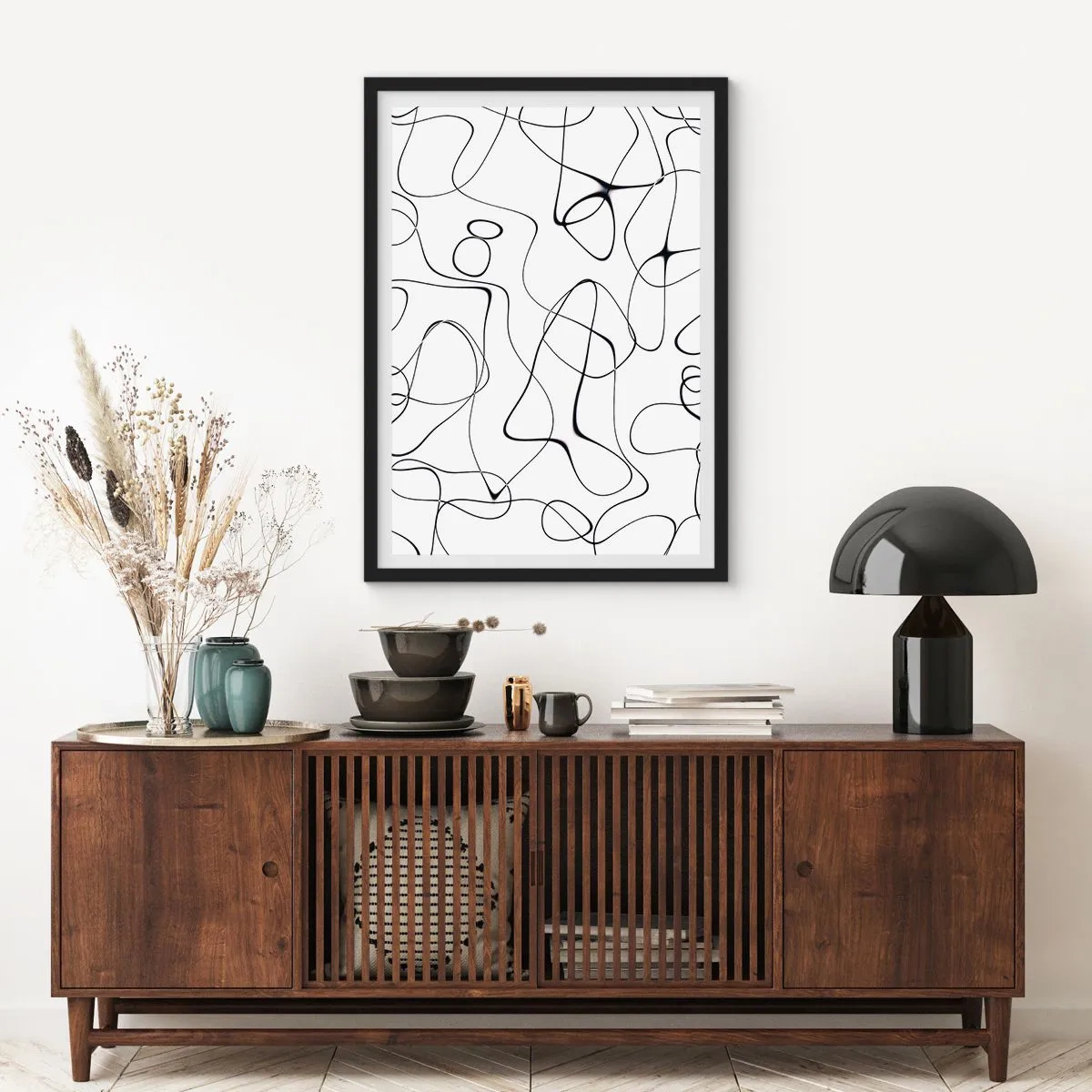 Plakat w czarnej ramie - Abstrakcyjne czarne linie na białym tle - 50x70cm - Ścieżki życia, koleje losu - Nowoczesna dekoracja ścienna do salonu i sypialni ARTTOR
