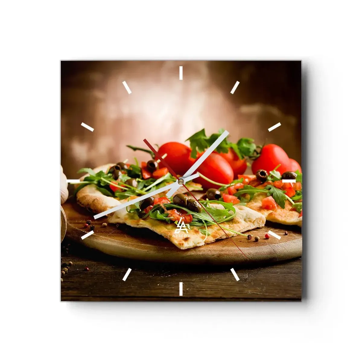 Zegar ścienny - Pizza z warzywami na drewnianej desce w rustykalnym stylu - 30x30cm - Prosto z pieca i z ogrodu - Nowoczesna dekoracja ścienna do salonu i sypialni ARTTOR