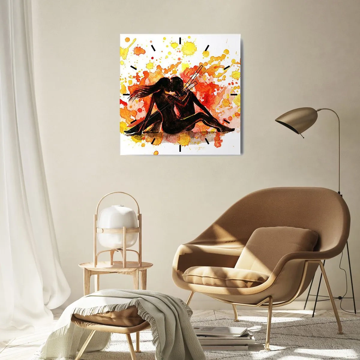 Zegar ścienny - Romantyczna akwarela dwojga osób w ciepłych barwach - 30x30cm - I stała się światłość - Nowoczesna dekoracja ścienna do salonu i sypialni ARTTOR