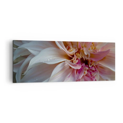 Obraz na płótnie - Zbliżenie na delikatne płatki różowego kwiatu z kroplami wody - 140x50cm - Kwitnąca świeżość - Nowoczesna dekoracja ścienna do salonu i sypialni ARTTOR
