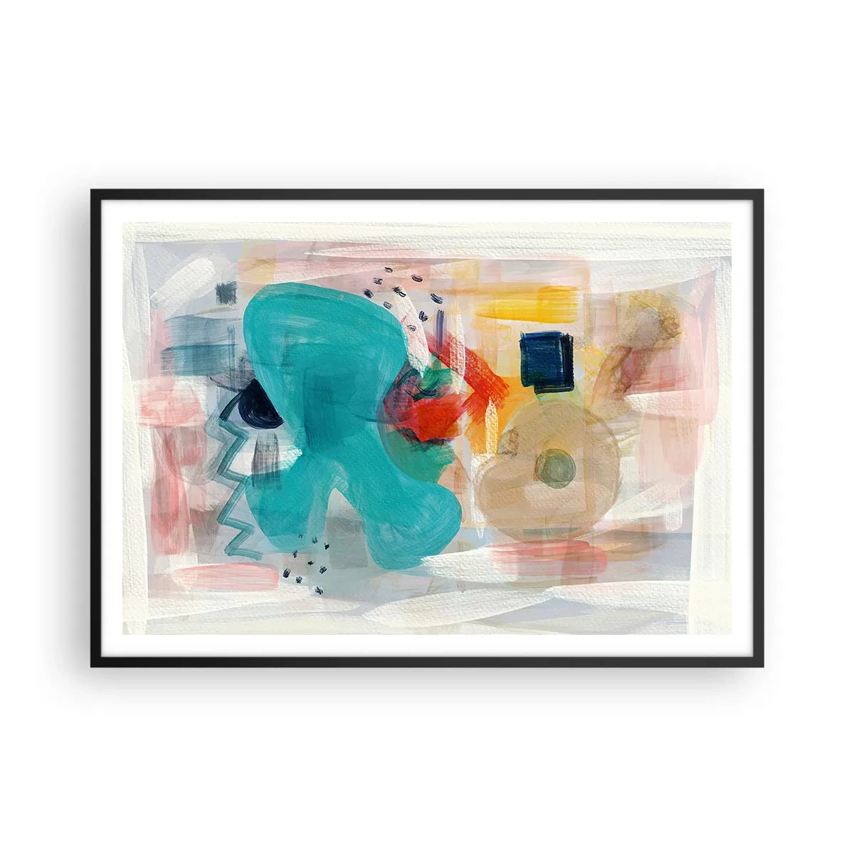 Plakat w czarnej ramie - Abstrakcyjne kształty i kolory tworzące dynamiczną kompozycję - 100x70cm - Kolorowa gra - Nowoczesna dekoracja ścienna do salonu i sypialni ARTTOR