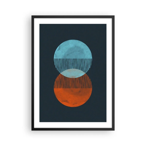 Plakat w czarnej ramie - Abstrakcyjne koła w odcieniach niebieskiego i pomarańczowego - 50x70cm - Astronomiczna fantazja - Nowoczesna dekoracja ścienna do salonu i sypialni ARTTOR