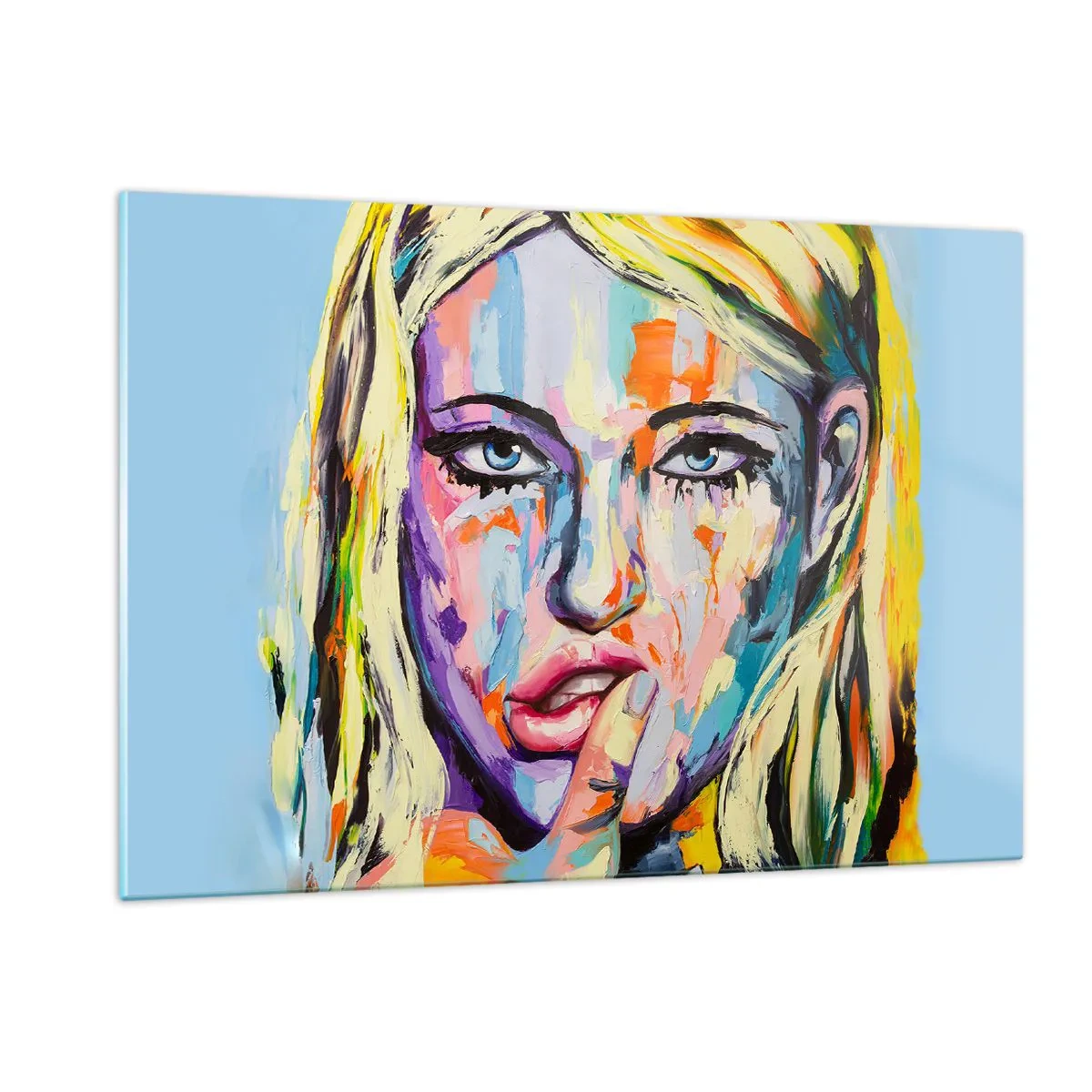 Obraz na szkle - Kolorowy portret kobiety z wyrazem zamyślenia - 120x80cm - Spójrz jej prosto w oczy - Nowoczesna dekoracja ścienna do salonu, kuchni i sypialni ARTTOR