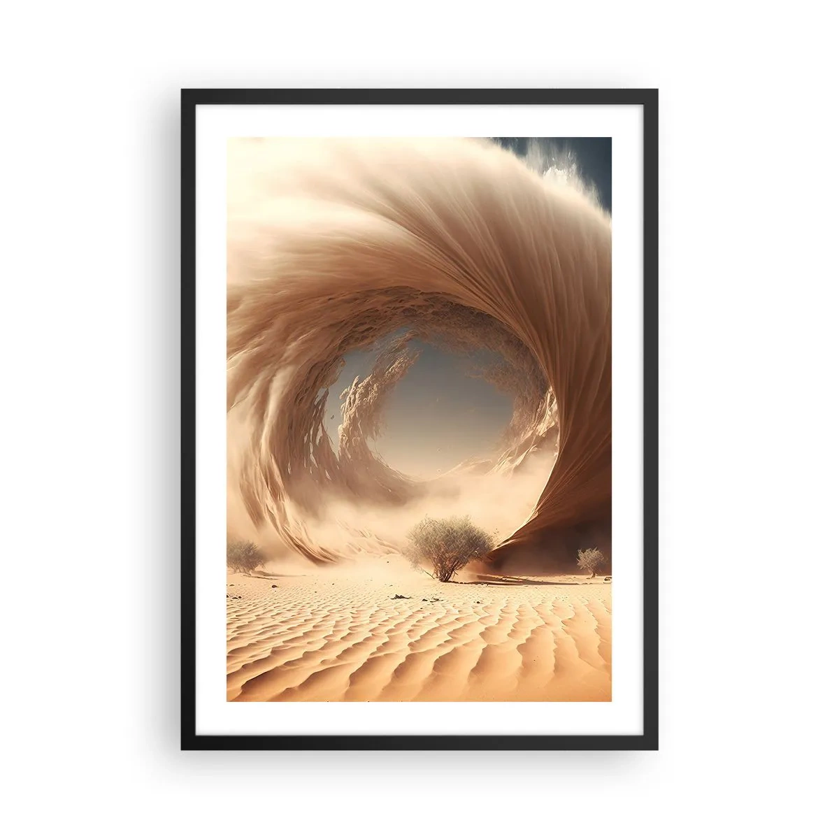 Plakat w czarnej ramie - Zjawiskowy wir piaskowy na pustyni - 50x70cm - Otwarty portal - Nowoczesna dekoracja ścienna do salonu i sypialni ARTTOR