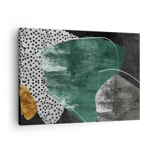 Obraz na płótnie - Abstrakcyjna kompozycja z zielonymi kształtami i wzorami kropek - 70x50cm - Barwna abstrakcja z płatkiem złota - Nowoczesna dekoracja ścienna do salonu i sypialni ARTTOR