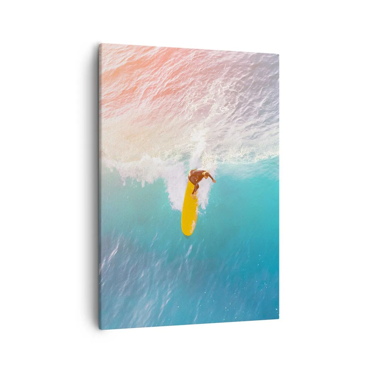Obraz na płótnie - Surfer na żółtej desce na tle turkusowych fal - 50x70cm - Oceaniczny jeździec - Nowoczesna dekoracja ścienna do salonu, kuchni i sypialni ARTTOR