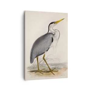 Obraz na płótnie - Elegancka ilustracja czapli stojącej na brzegu w delikatnych odcieniach - 70x100cm - Czapli wdzięk - Nowoczesna dekoracja ścienna do salonu i sypialni ARTTOR