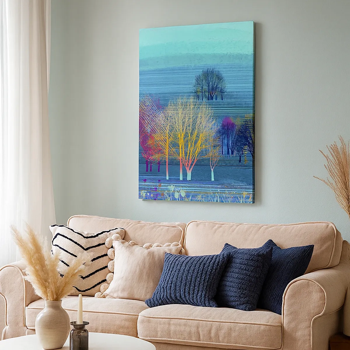 Obraz na płótnie - Abstrakcyjny krajobraz z kolorowymi drzewami i geometrycznymi liniami - 50x70cm - Wyczesany pejzaż - Nowoczesna dekoracja ścienna do salonu, kuchni i sypialni ARTTOR