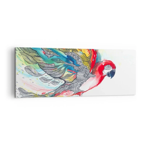 Obraz na płótnie - Kolorowa papuga w locie z abstrakcyjnymi wzorami na skrzydłach - 140x50cm - Żyj kolorowo - Nowoczesna dekoracja ścienna do salonu i sypialni ARTTOR