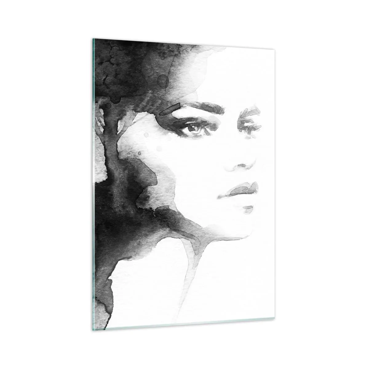 Obraz na szkle - Czarno-biały portret kobiety w technice akwareli - 50x70cm - Stworzona z tajemnicy i mgły - Nowoczesna dekoracja ścienna do salonu, kuchni i sypialni ARTTOR
